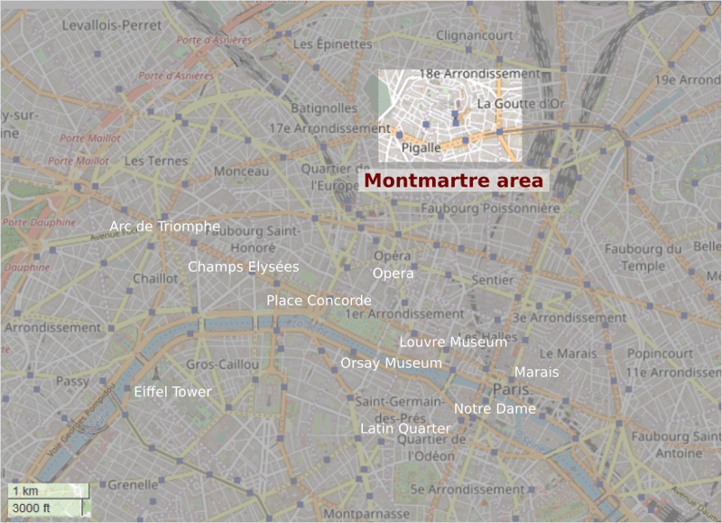 Greyed OpenStreetMap map of Paris with clear section highlighting Montmartre. Map shows position of Montmartre from major tourist draws such as Champs Elysées or Eiffel Tower