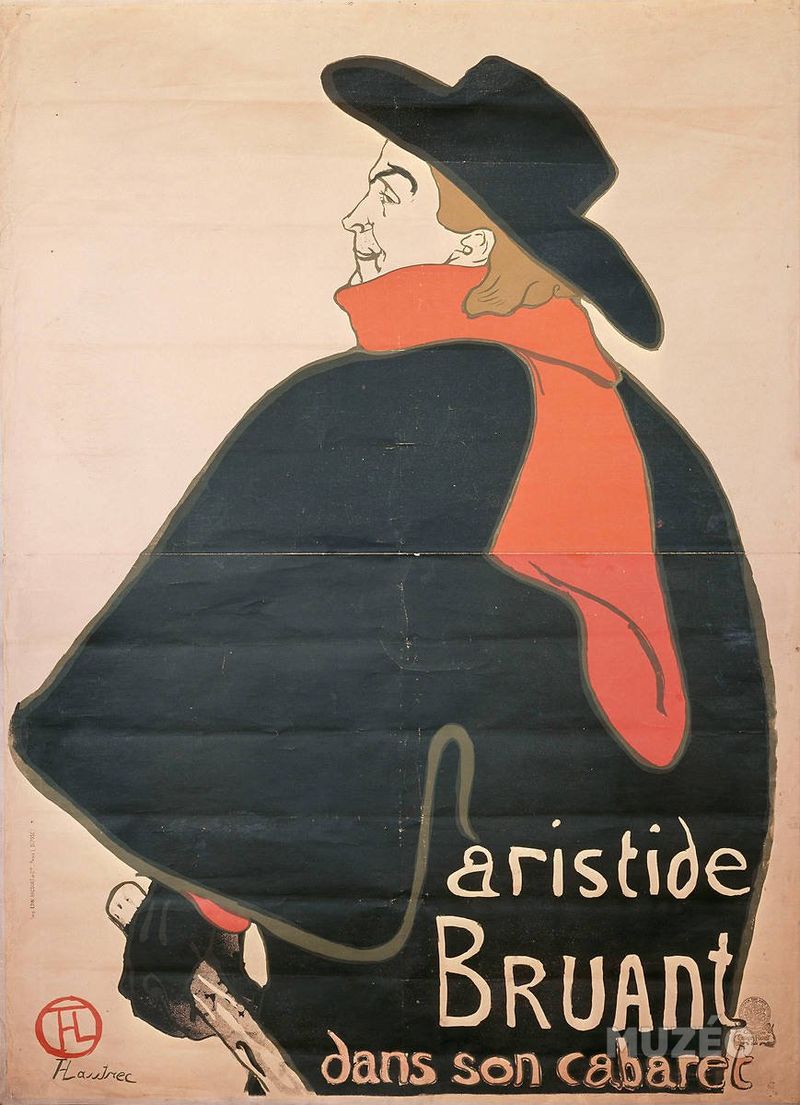 Publicity poster for the Montmartre cabaret owner and popular singer Aristide Bruant by Toulouse-Lautrec. Bruant is seen in three-quarter back profile; We see his heavy black cape, his thick black felt hat and a livid red scarf that hangs down his back. In his gloved hands he carries a heavy stick. His face is in profile and his thick hair falls onto his red scarf. ‘Aristide Bruant dans son cabaret’, (Aristide Bruant in his cabaret) is printed to the bottom right.