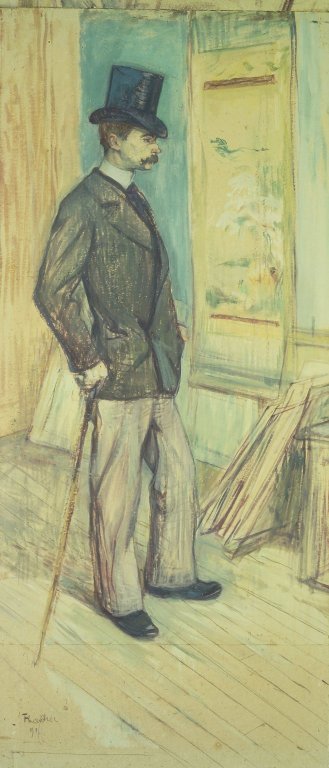 Toulouse-Lautrec’s portrait of his friend Paul Sescau the photographer. We see a moustached figure in a top hat and jacket. He is holding a cane. He is admiring a Japanese print. An untidy background of pictures and frames leaning against a wall indicate that the picture is set in Lautrec’s studio at 21 rue Caulaincourt. The colour palette is subdued yellows and greens.