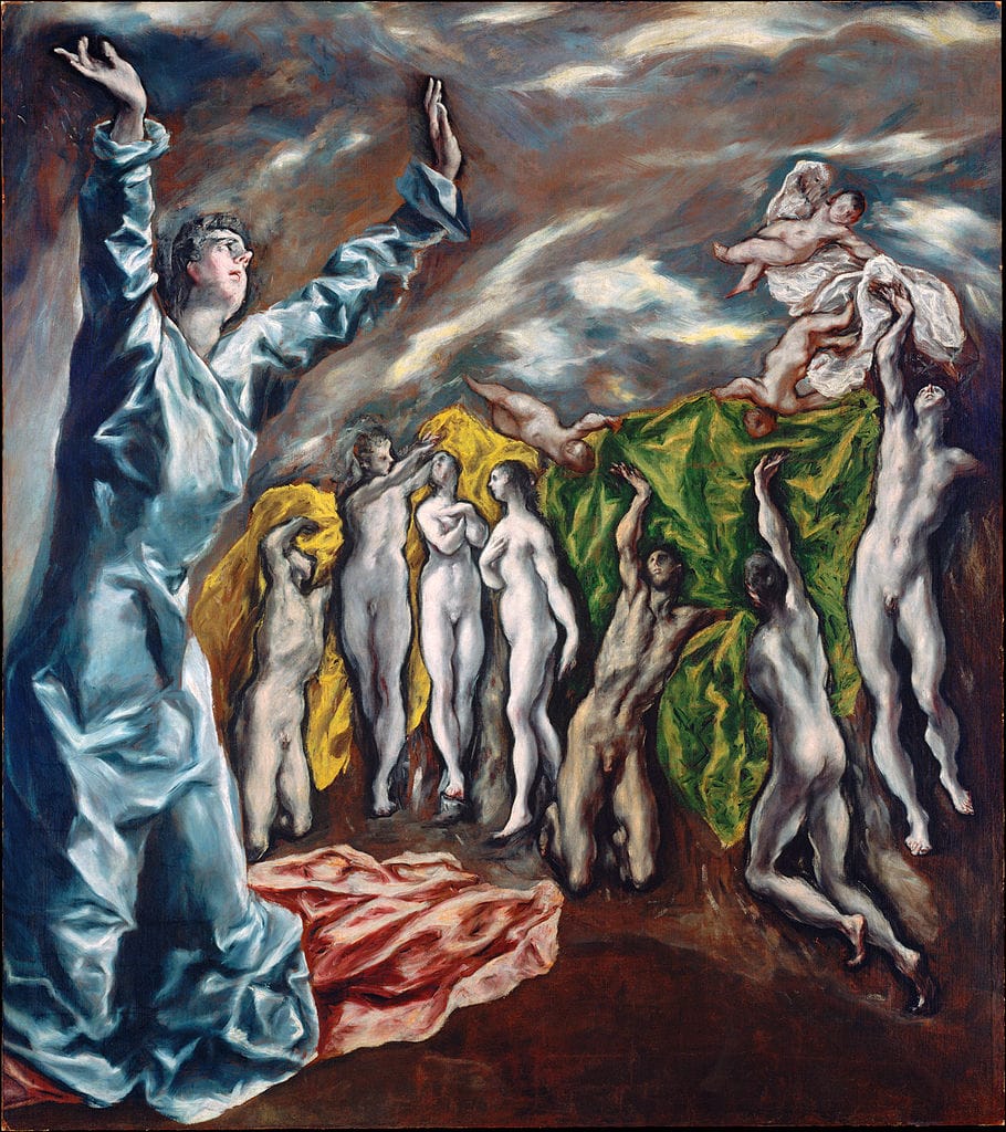 El Greco: The Vision of St John. An elongated twisting figure of St John reaches up to receive robes from a stormy sky. Several naked figures behind are also receiving robes from angels. The scene is described in the Book of Revelations in The Bible. The colours are vivid, lurid and unreal and help convey the intensity of the mystical experience.
