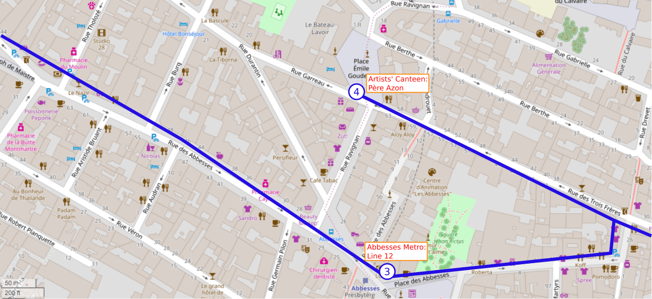 An OpenStreetMap detail of the signed route map showing the route down Rue des Abbesses Paris 75018 towards the Abbesses metro and the route via Rue de Vieuville towards the place emile Goudeau Montmartre.