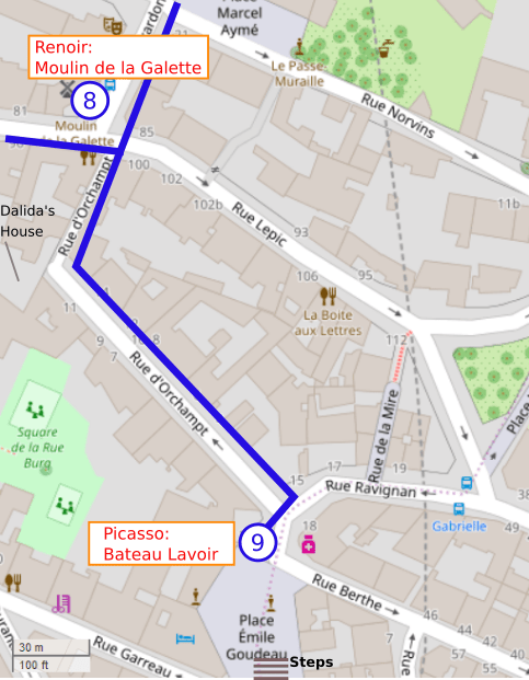 An OpenStreetMap detail of the signed wheelchair route map showing the route from point 8 the Moulin de la Galette to point 9 the Bateau Lavoir via rue d’Orchampt Montmartre