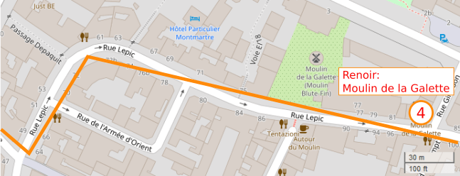 An OpenStreetMap detail of the signed route map showing the route down Rue Lepic with the Blute-Fin windmill to right. Rue Lepic Paris 75018.